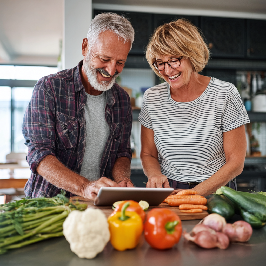 Happy mature couple in their 50s preparing healthy vegetables together in a modern kitchen, both smiling while following a nutrition plan on a tablet