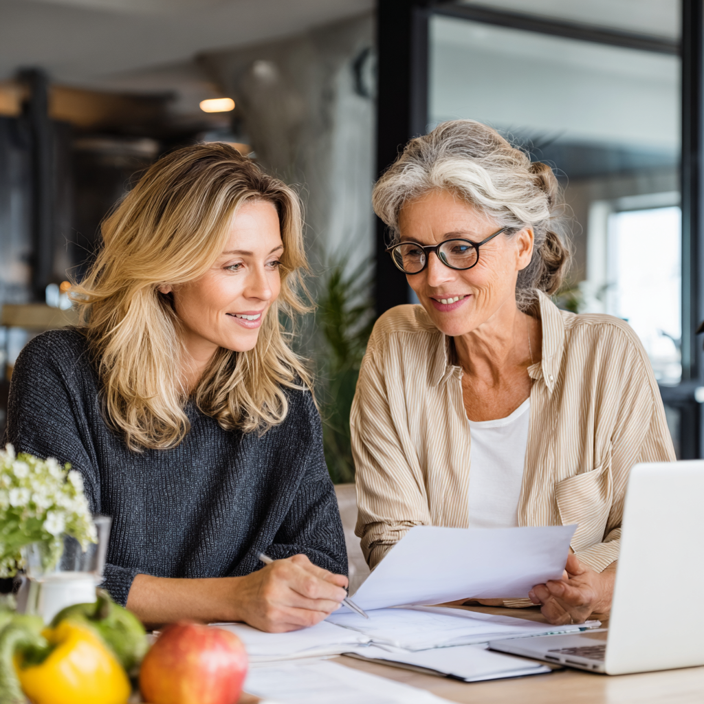 Professional nutritionist consulting with a mature woman in her 40s in a modern bright office, both looking at documents and discussing healthy meal planning strategies